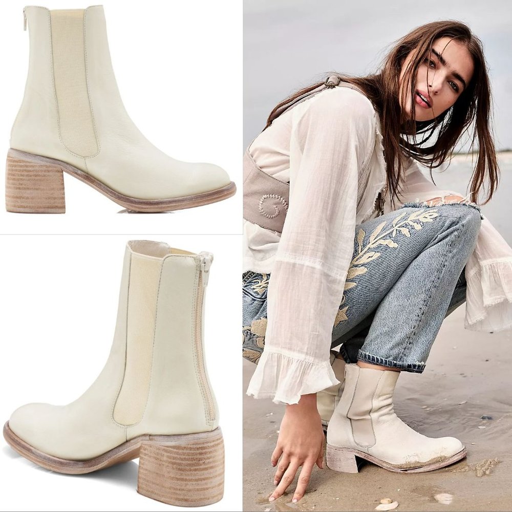 Free People Essential Chelsea BOOTS Size 9.5 Chalk Cream Leather NEW $198